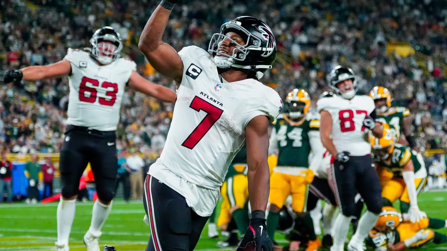Bijan Robinson celebrating a touchdown with the Falcons in the 2026 NFL season.