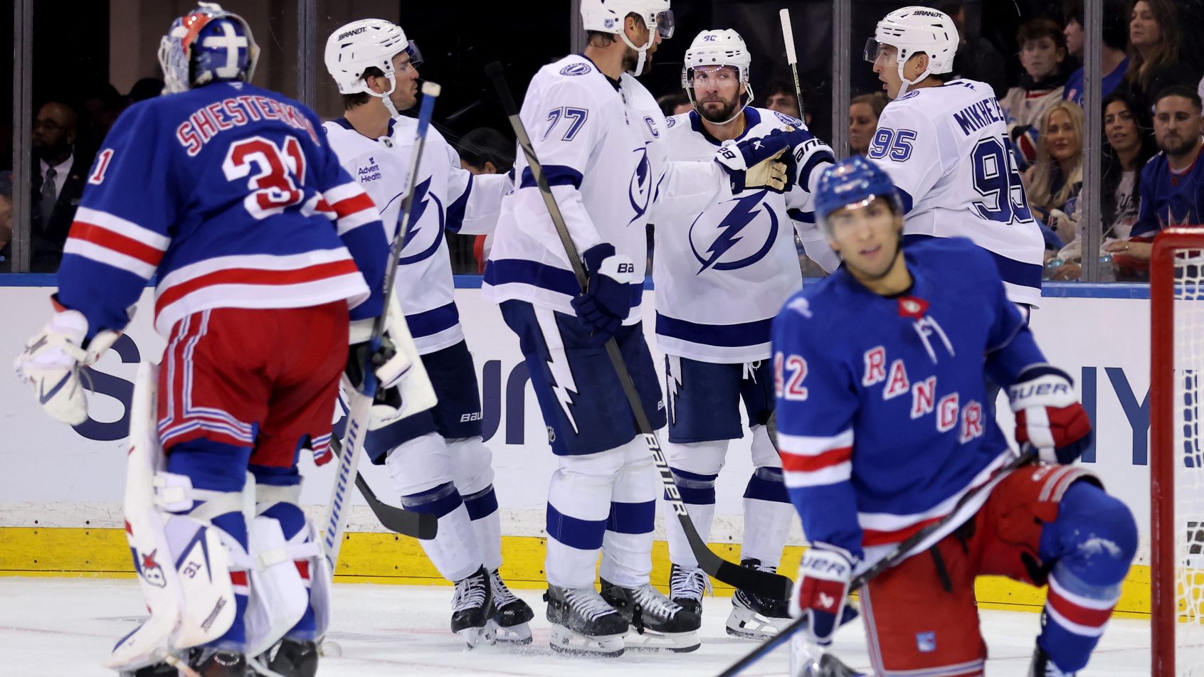 Nikita Kucherov celebrates a Tampa Bay Lightning goal with teammates against the Rangers