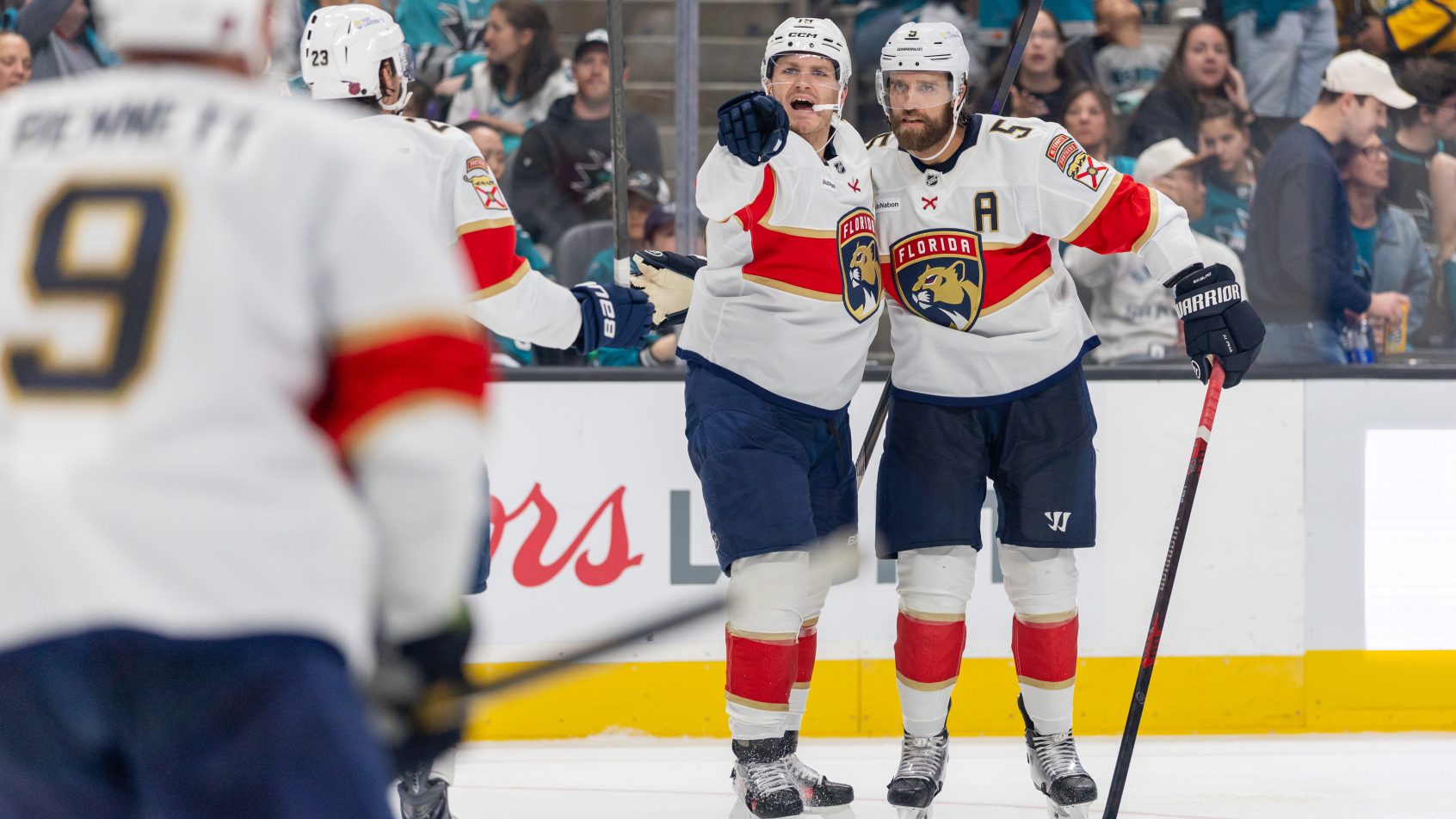 Matthew Tkachuk celebrating a goal with the Panthers in the 2026-27 NHL season.