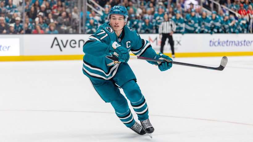 Macklin Celebrini hunts for the puck against the Panthers.