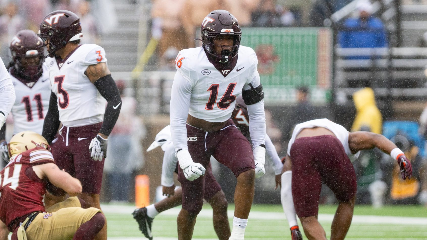 Virginia Tech celebrates a defensive stop vs Boston College.