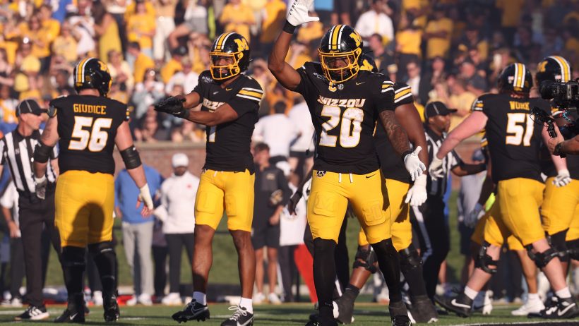 Missouri celebrates a defensive stand against Florida.