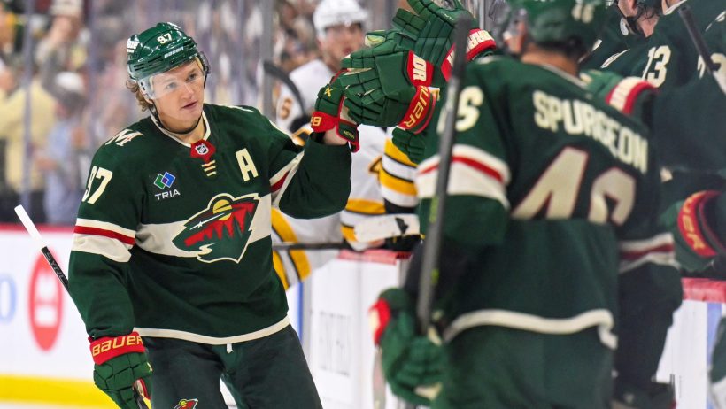 Kirill Kaprizov celebrates a goal vs the Bruins.