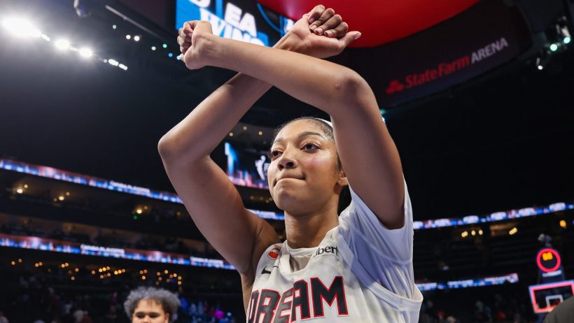 Angel Reese celebrates an Atlanta win over New York.