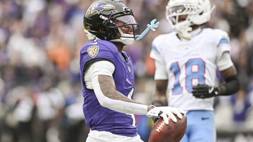 Zay Flowers celebrates a catch vs the Titans.