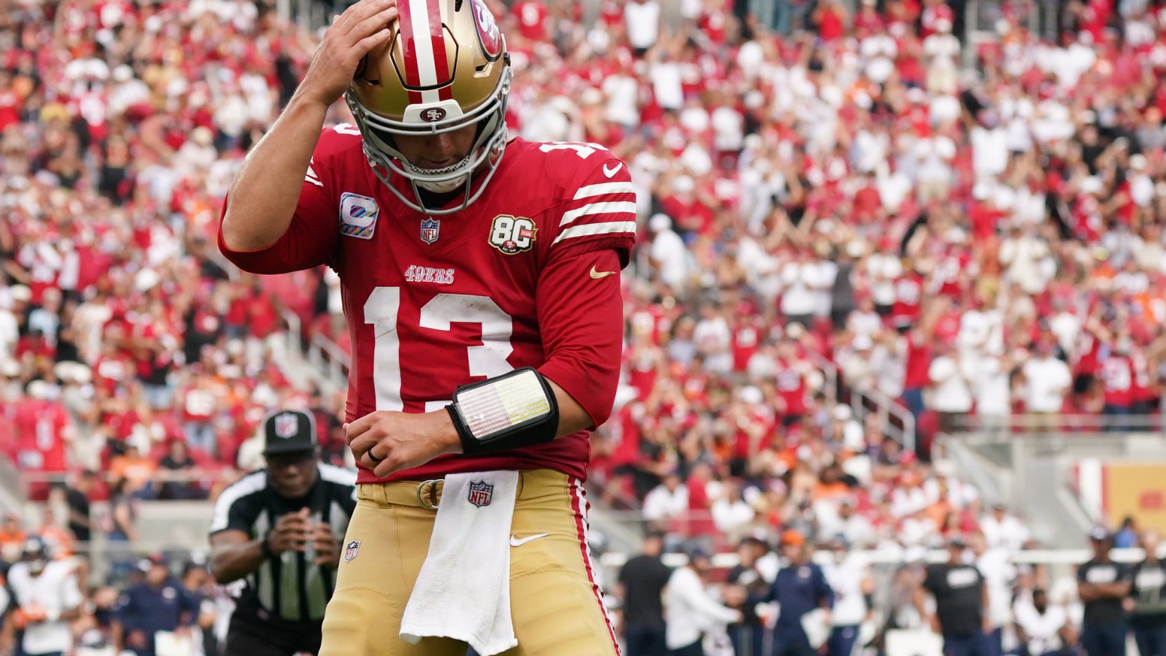Brock Purdy celebrates a TD pass