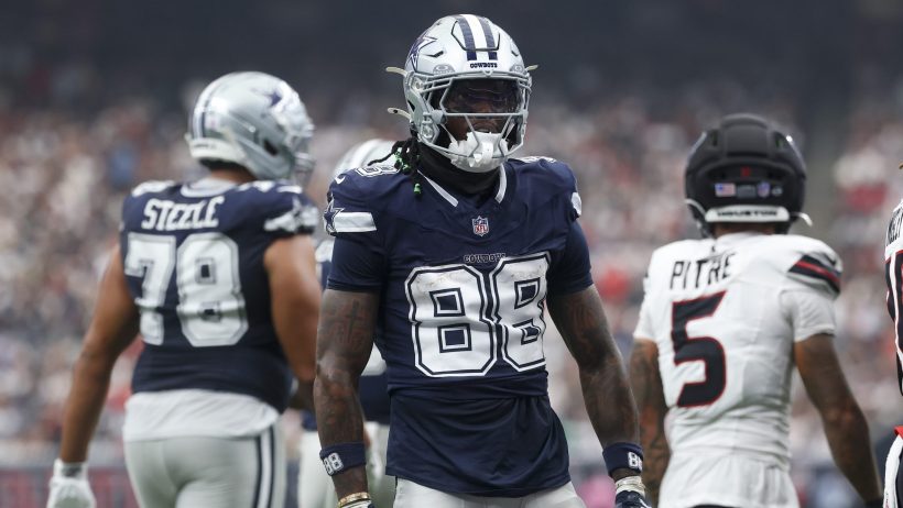 CeeDee Lamb celebrates after a big catch vs Houston.