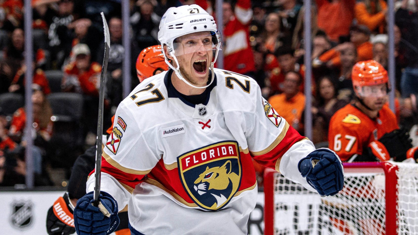 Eetu Luostarinen celebrates a goal vs Anaheim.