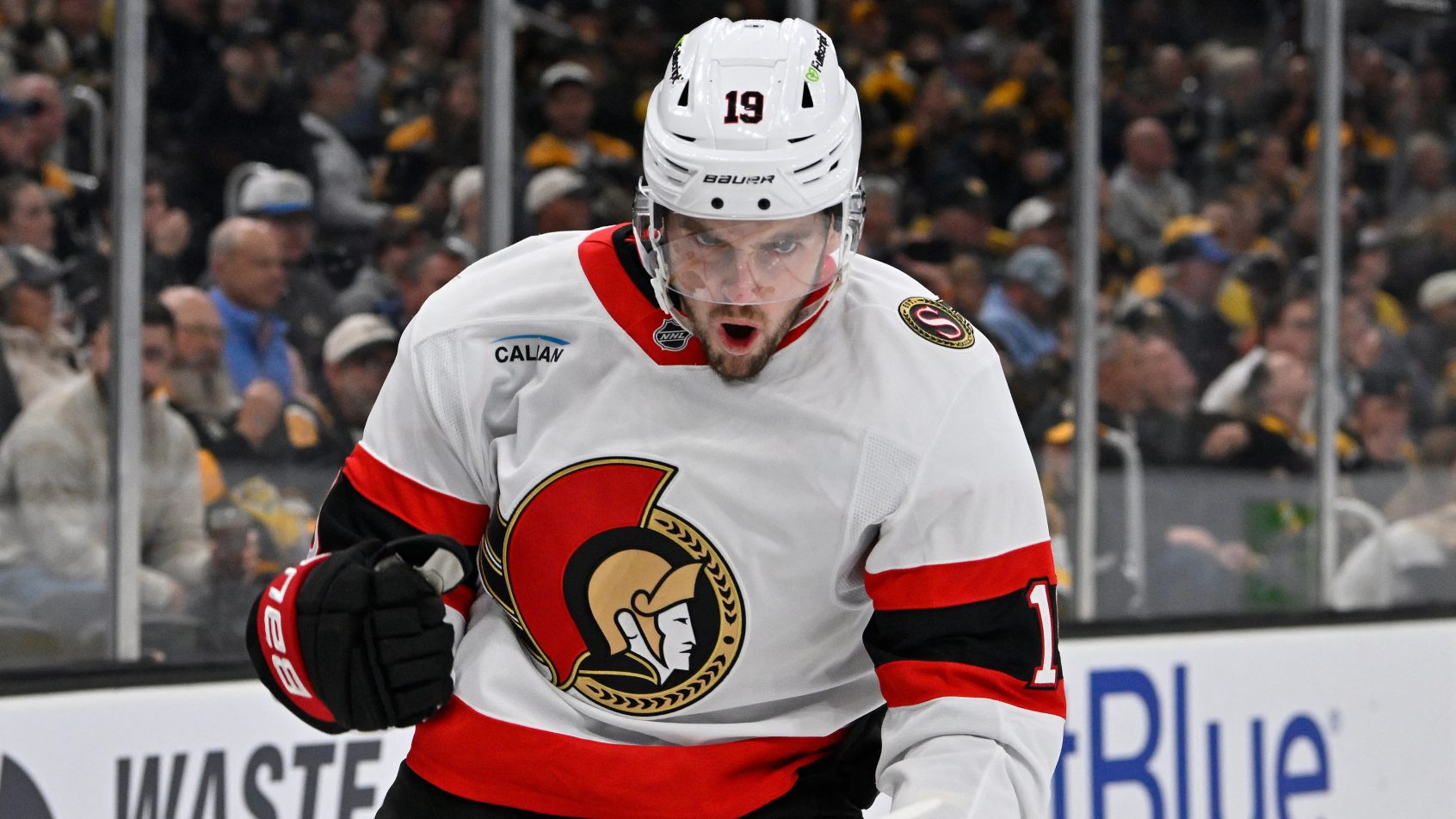 Drake Batherson celebrates a Senators goal vs the Bruins.