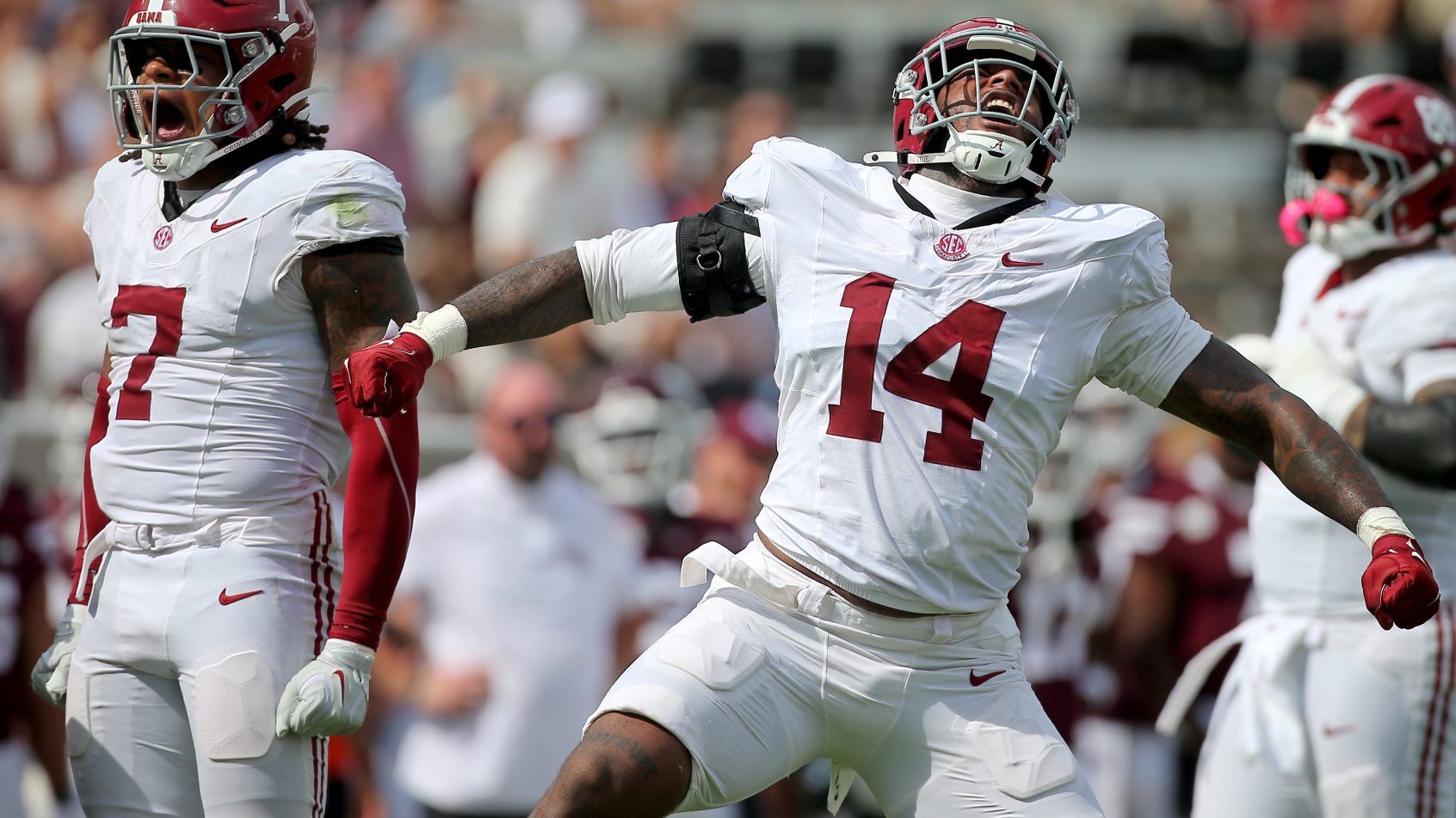 Caleb Woodson celebrates a defensive stop against Mississippi State.