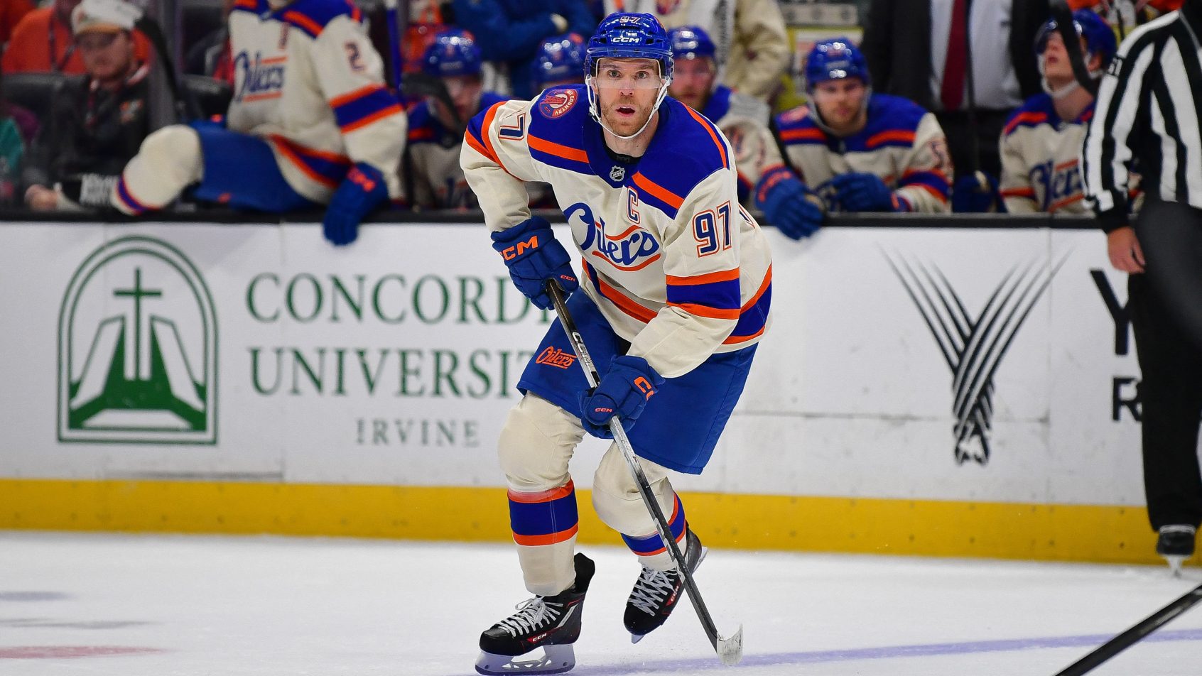 Connor McDavid handles the pucks vs the Ducks.