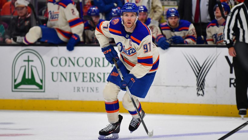 Connor McDavid handles the pucks vs the Ducks.