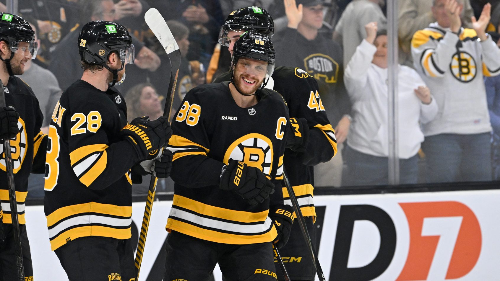 David Pastrnak celebrating a goal with the Boston Bruins in the 2026 NHL season.