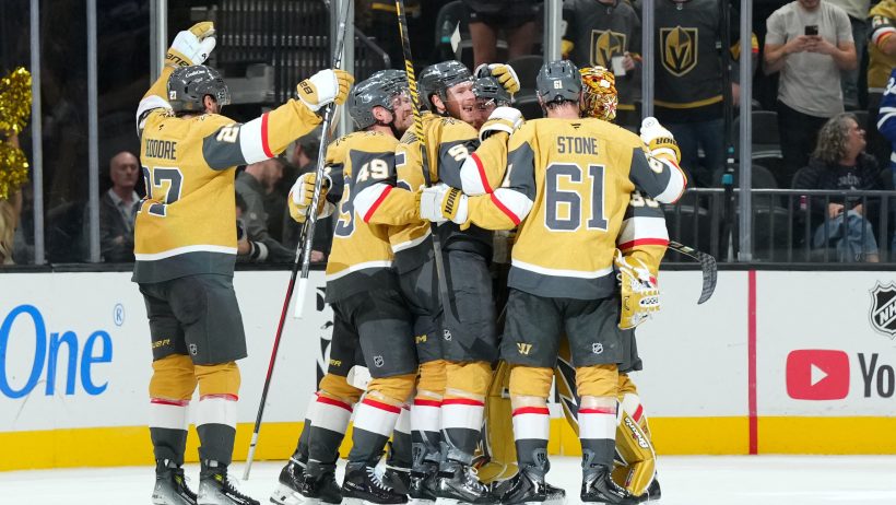 The Vegas Golden Knights celebrate defeating the Toronto Maple Leafs