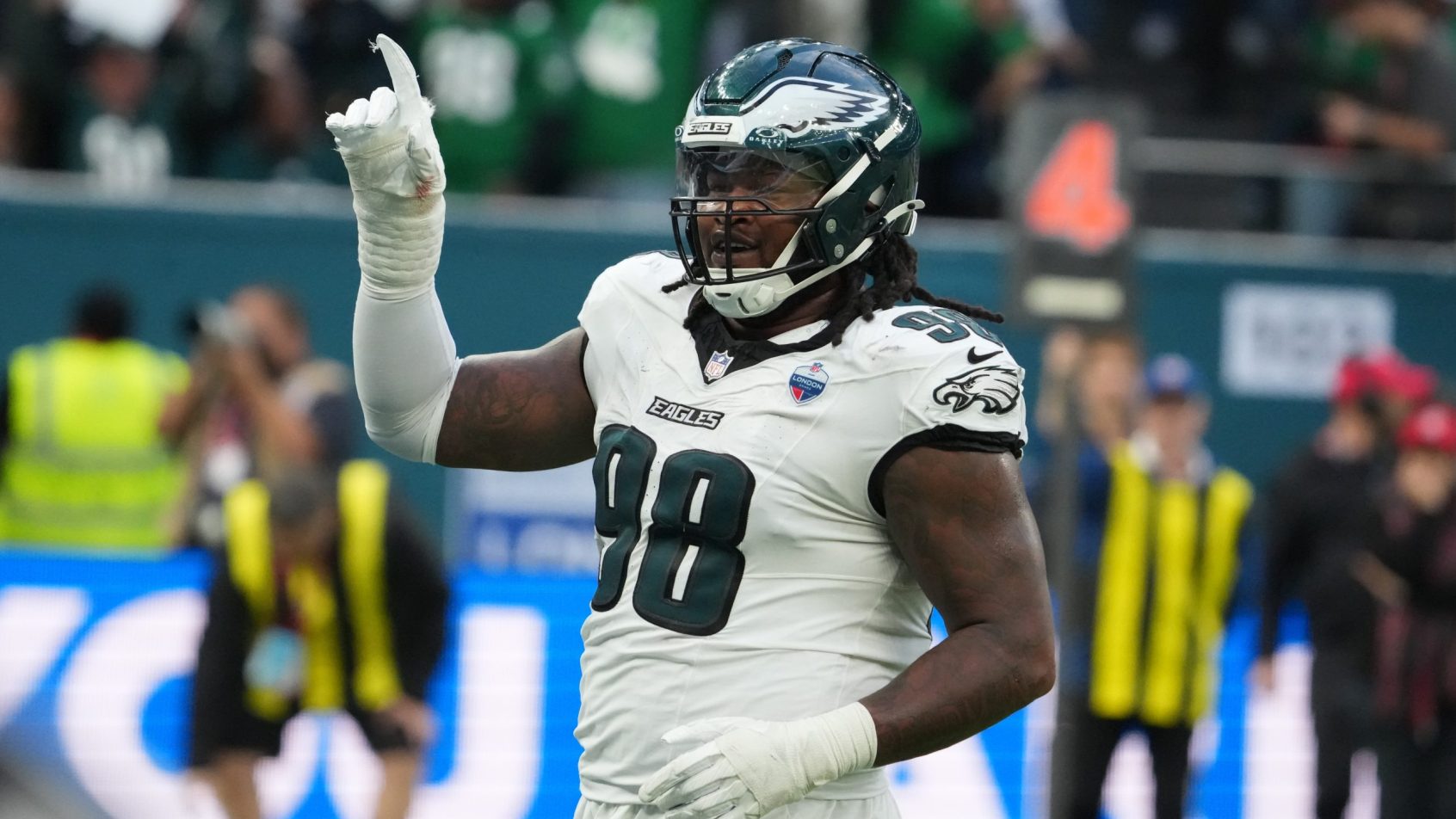 Jalen Carter celebrates a stop against the Jaguars.