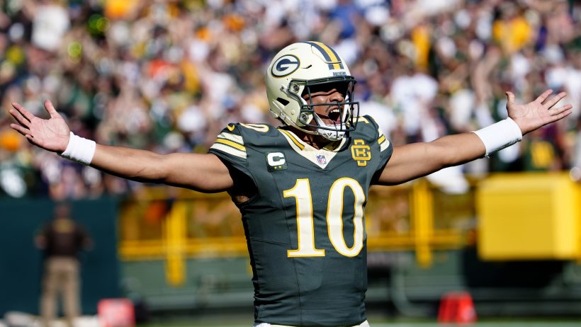 Green Bay Packers quarterback Jordan Love celebrating