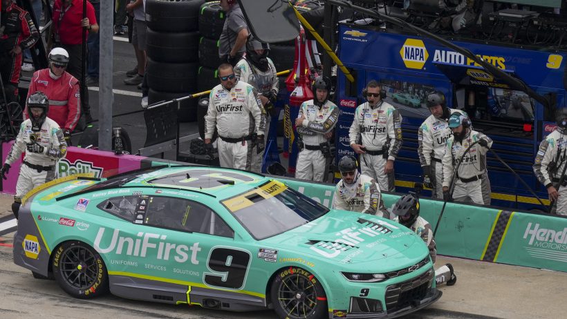 Chase Elliott pits at Charlotte Motor Speedway (2026).