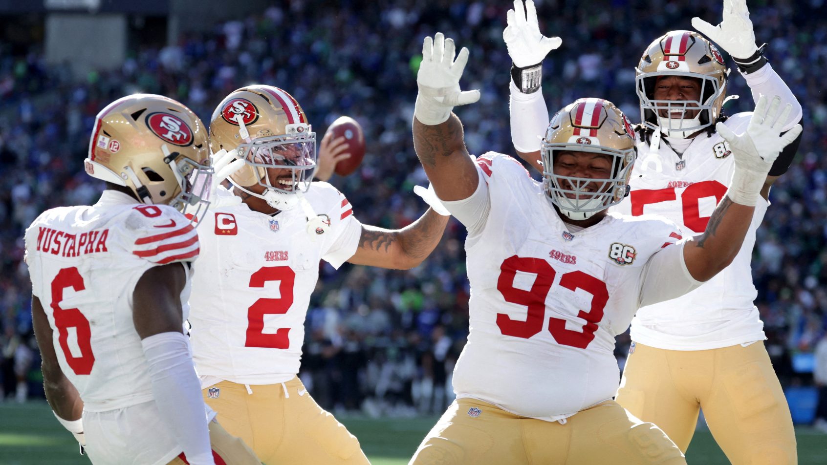 San Francisco 49ers players celebrating