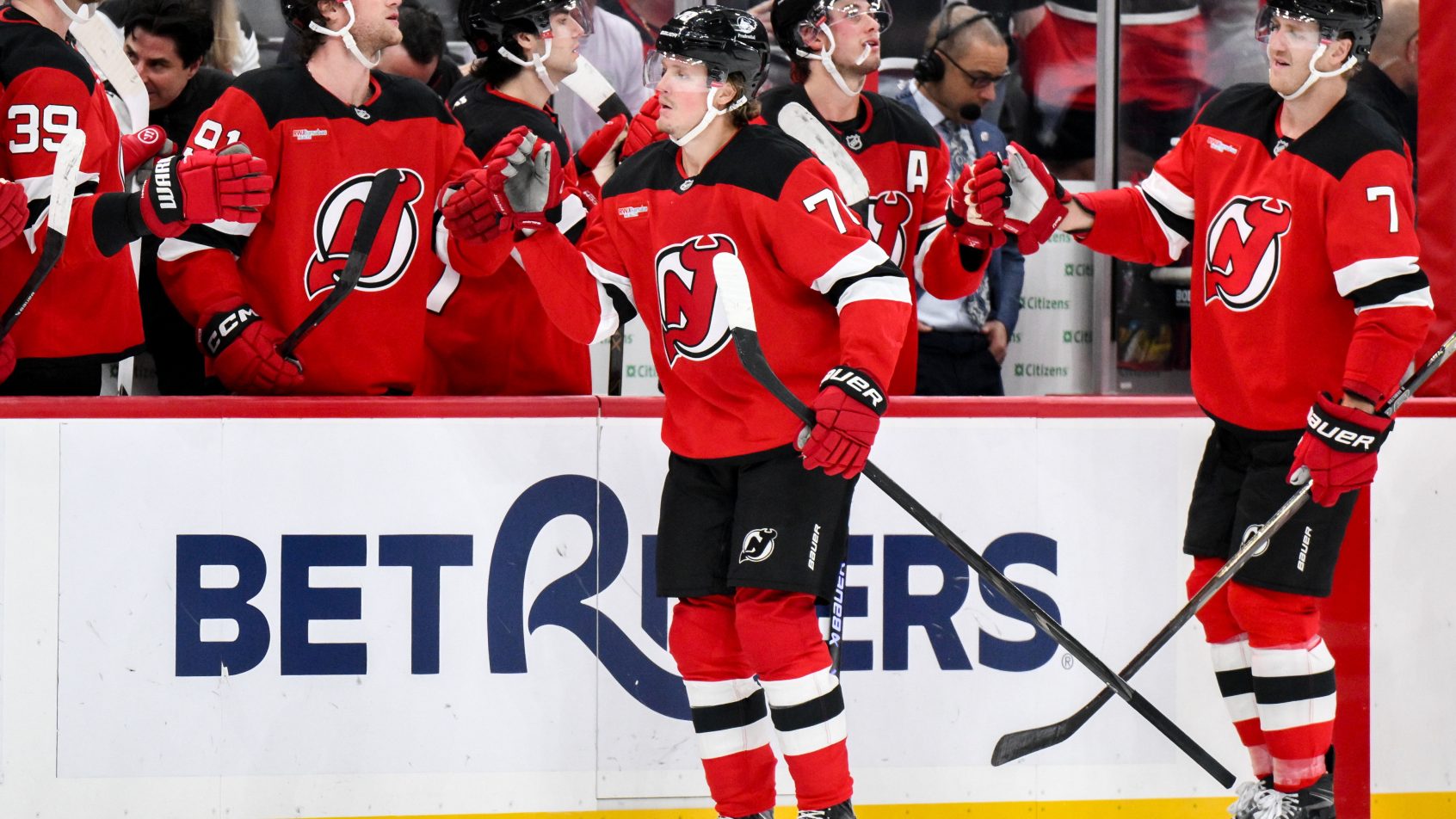 Jesper Boqvist celebrates a goal with the Devils in the 2026-27 NHL season.