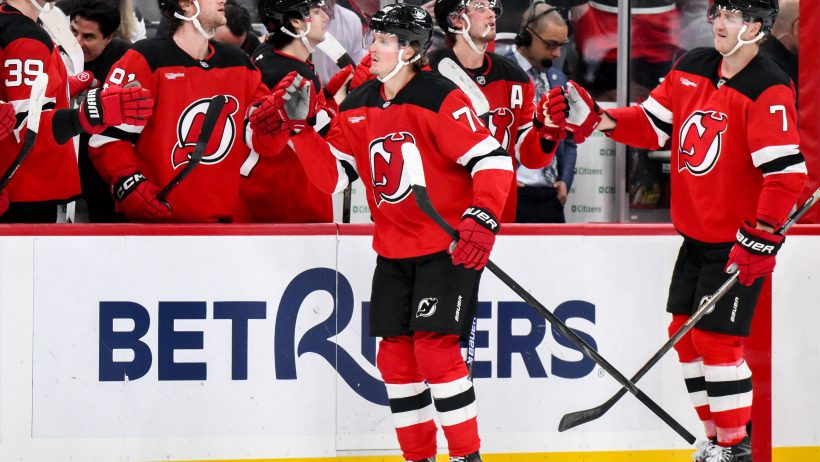 Jesper Boqvist celebrates a goal with the Devils in the 2026-27 NHL season.
