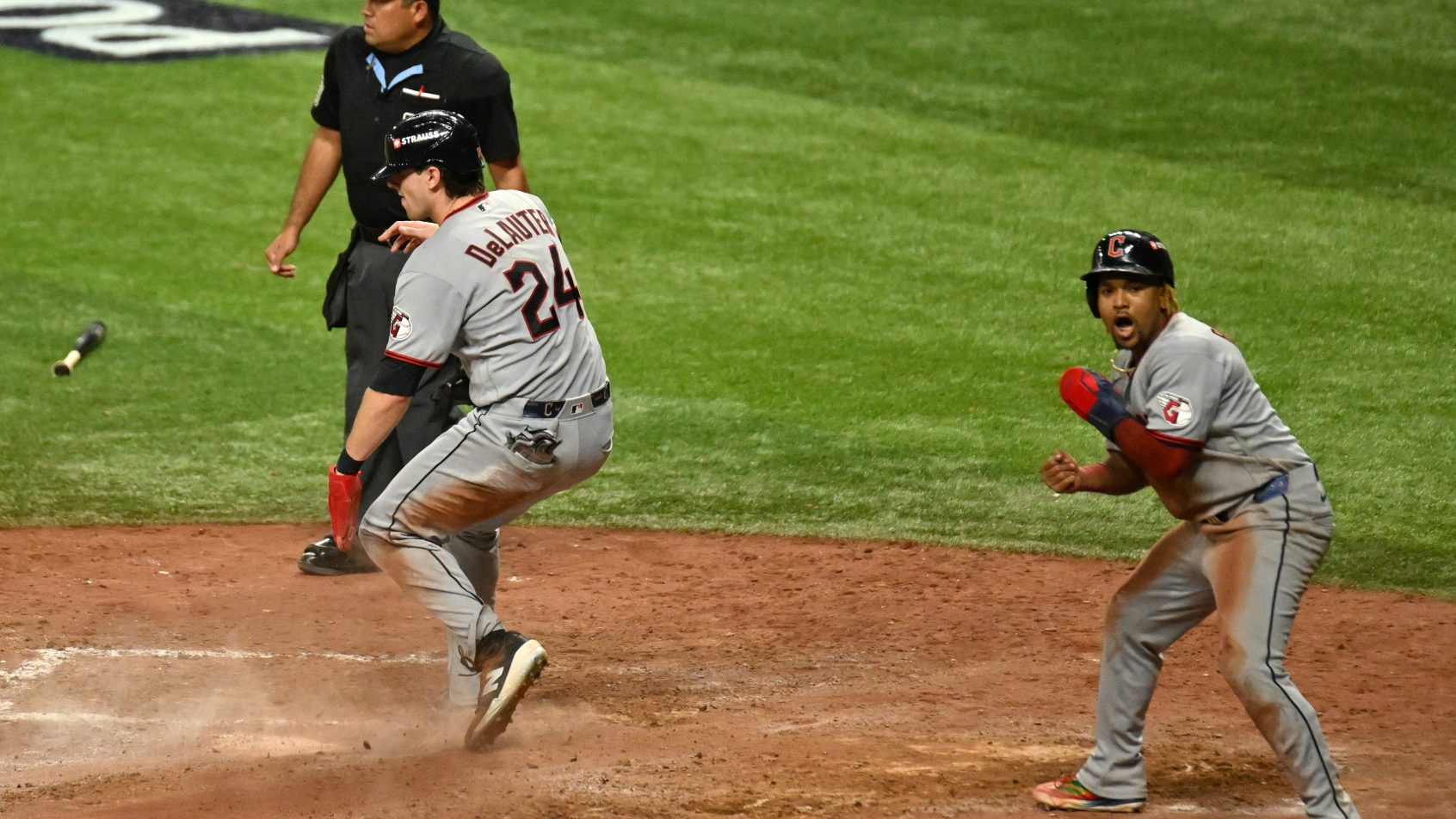 Chase DeLauter and Jose Ramirez celebrate scoring runs