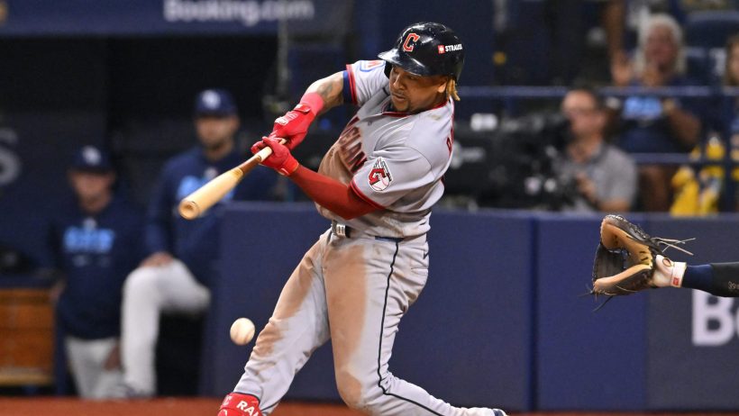 Jose Ramirez smacks a hit vs the Rays.