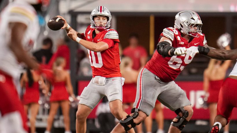 Julian Sayin drops back to throw vs Maryland.