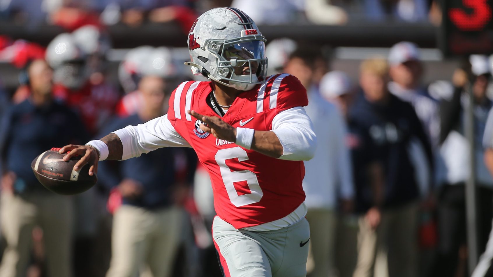 Trinidad Chambliss throws on the run vs Missouri.