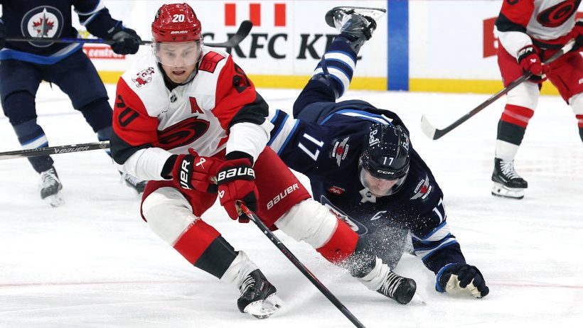 Sebastian Aho drives to the net vs the Jets.