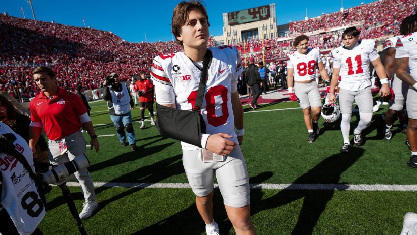 Ohio State quarterback Julian Sayin leaves the Indiana game with his right arm in a sling