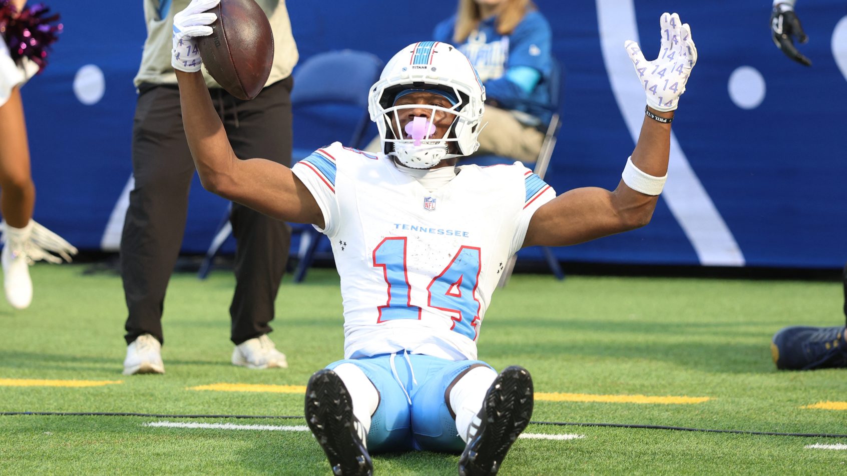 Carnell Tate celebrating while sitting down