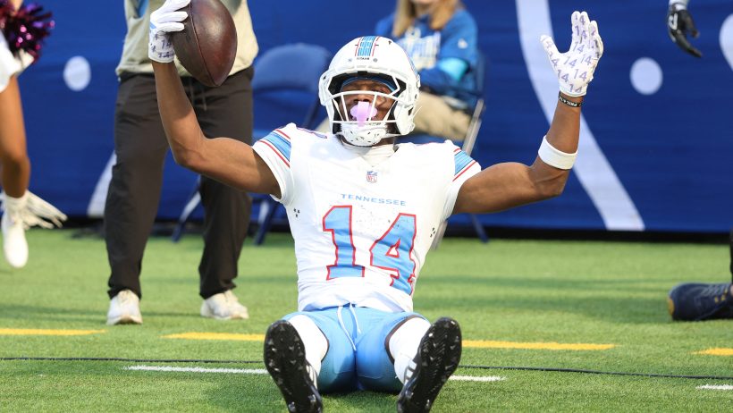 Carnell Tate celebrating while sitting down