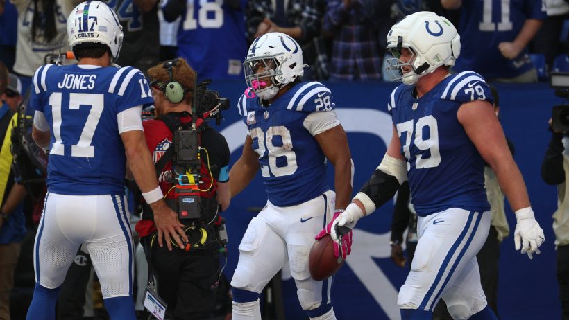 Jonathan Taylor celebrating with the Colts in the 2026 NFL season.
