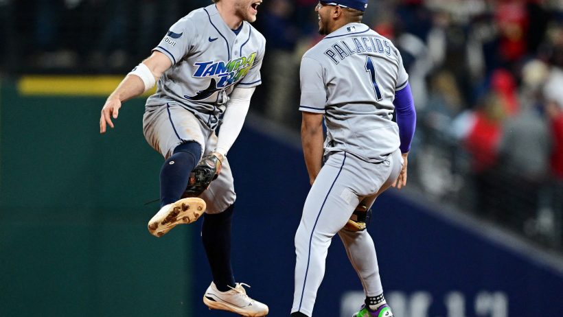 Tampa Bay Rays shortstop Taylor Walls and second baseman Richie Palacios celebrating