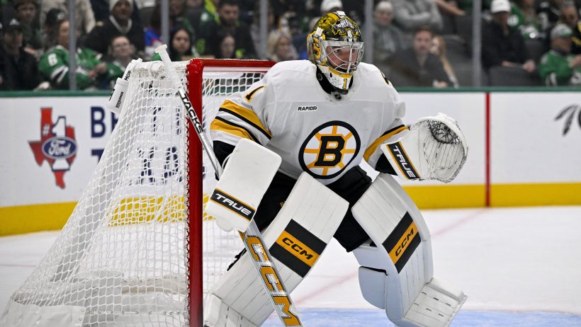 Jeremy Swayman playing for the Boston Bruins in the 2026-27 NHL season.