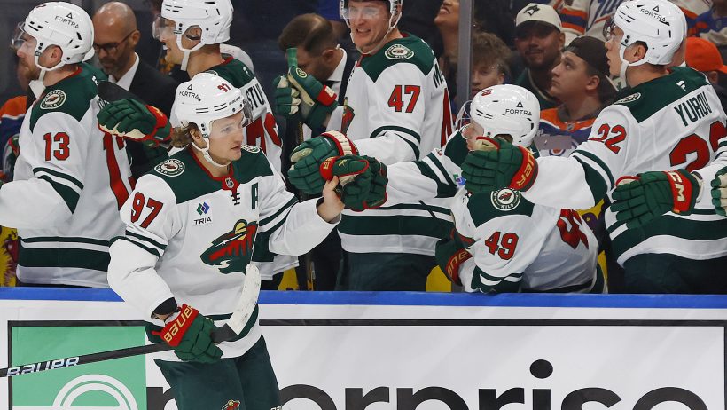 Kirill Kaprizov celebrates a goal vs the Oilers.