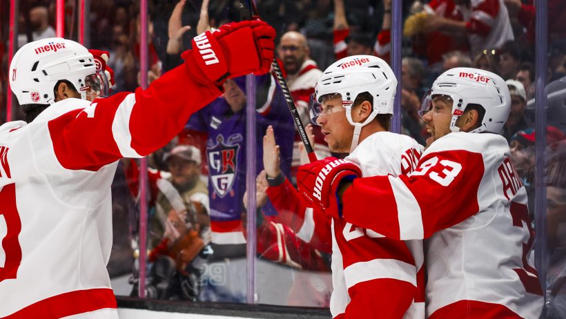 Lucas Raymond, Dylan Larkin Alex DeBrincat goal celebration