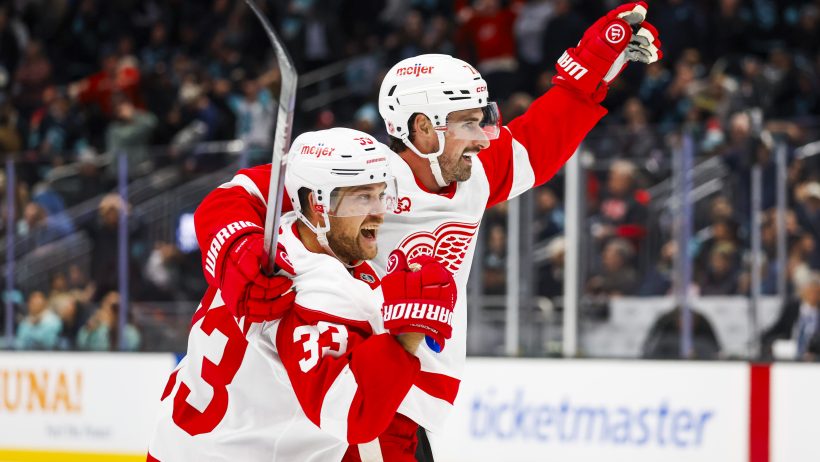 Dylan Larkin and Viktor Arvidsson celebrate goal