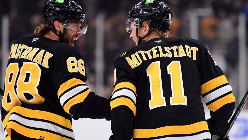 David Pastrnak celebrates after a goal by center Casey Mittelstadt