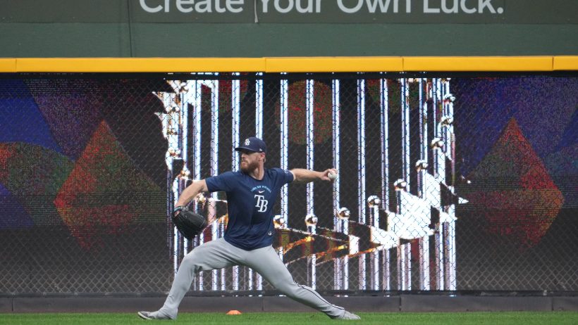Drew Rasmussen throws during a Rays workout before the World Series in Milwaukee.