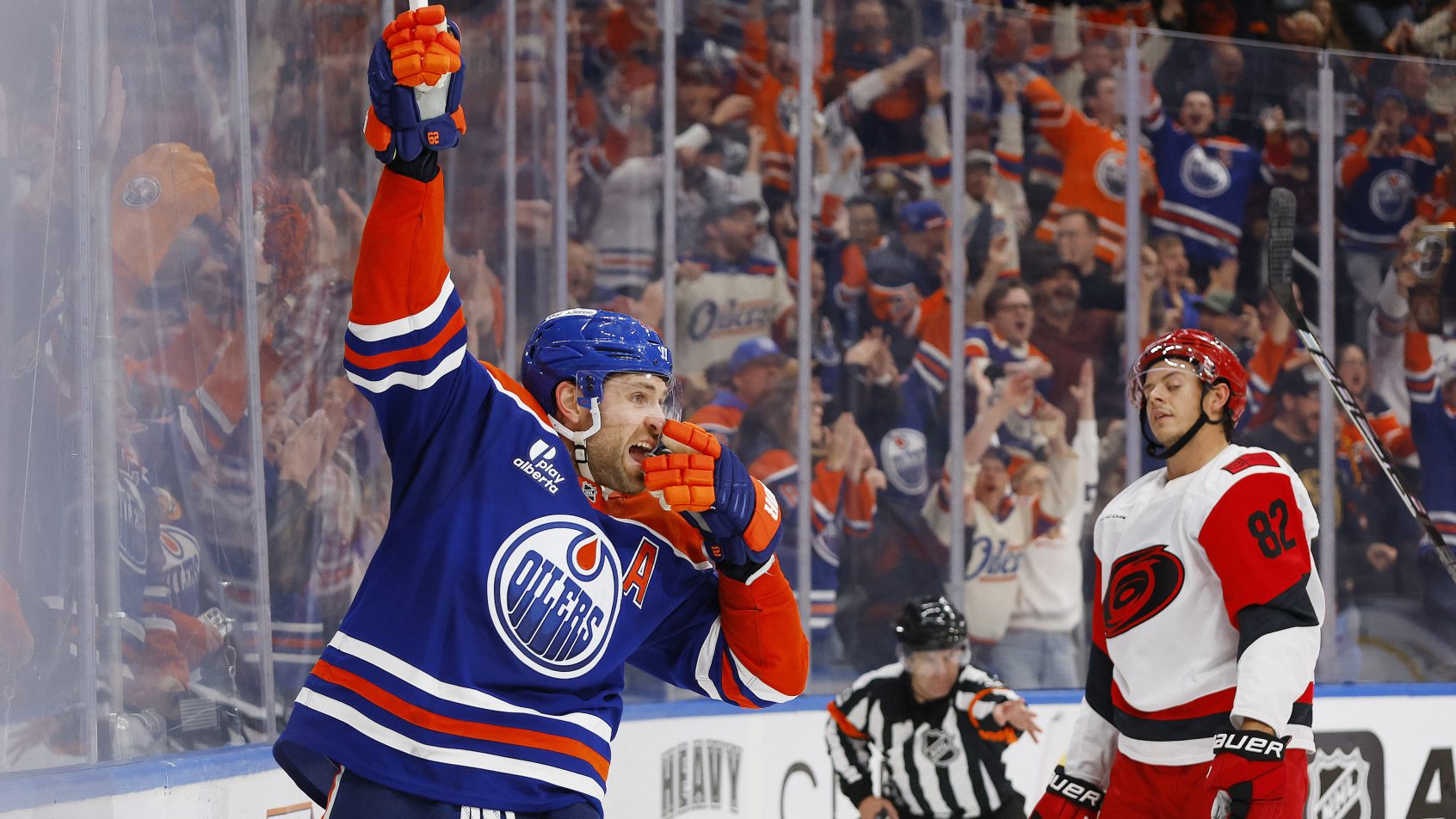 Leon Draisaitl celebrates a goal