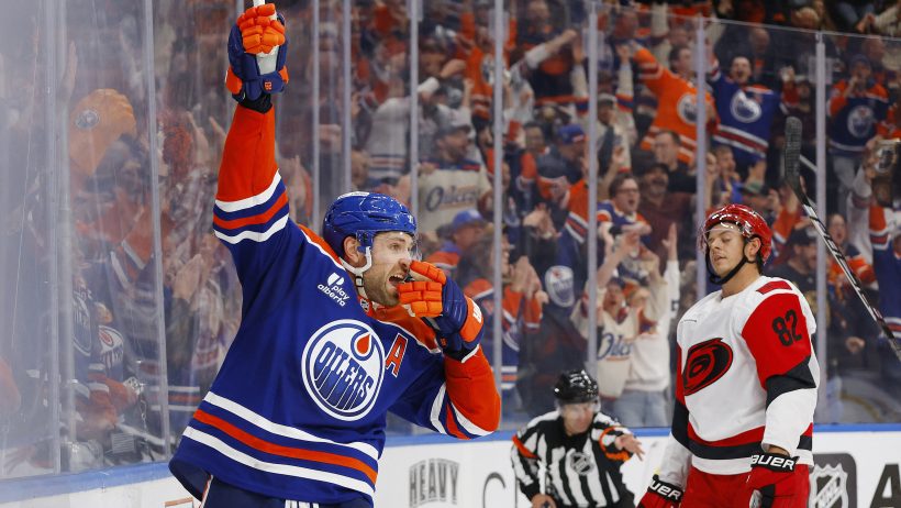 Leon Draisaitl celebrates a goal