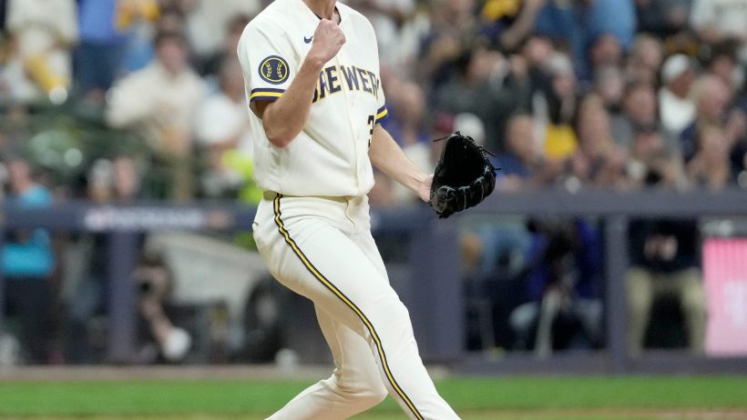 Brewers pitcher Jacob Misiorowski reacts at American Family Field before his World Series Game 1 start against the Rays