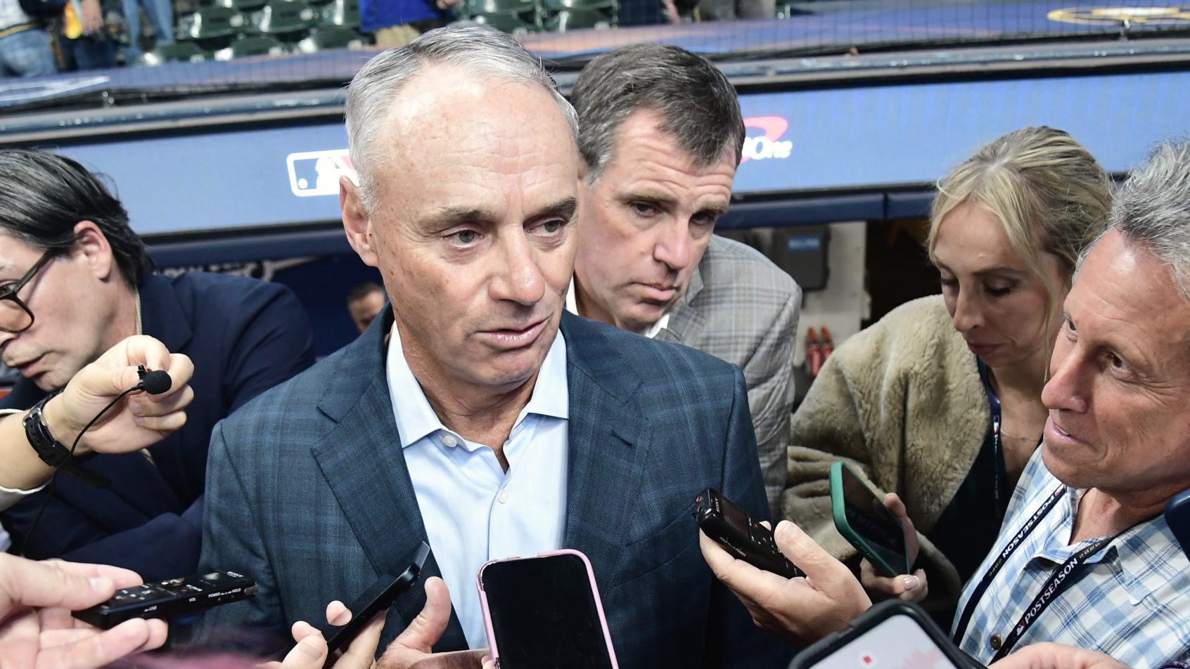 Rob Manfred speaks to reporters before Game 1 of the World Series