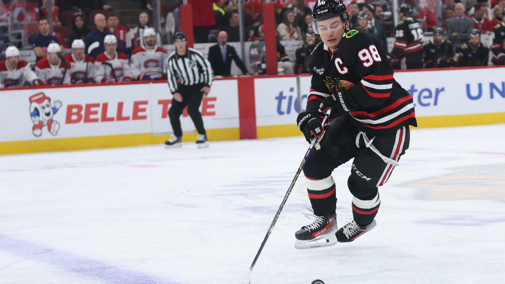 Connor Bedard playing for the Blackhawks in the 2026-27 season.