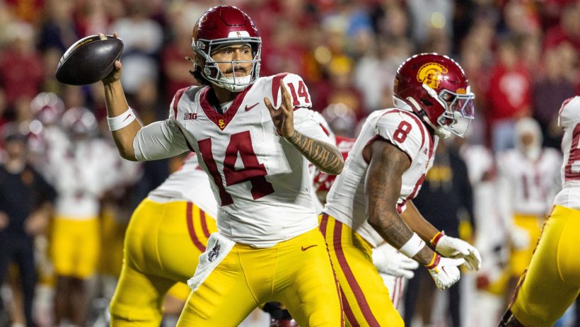 Jayden Maiava drops back to pass vs Wisconsin.