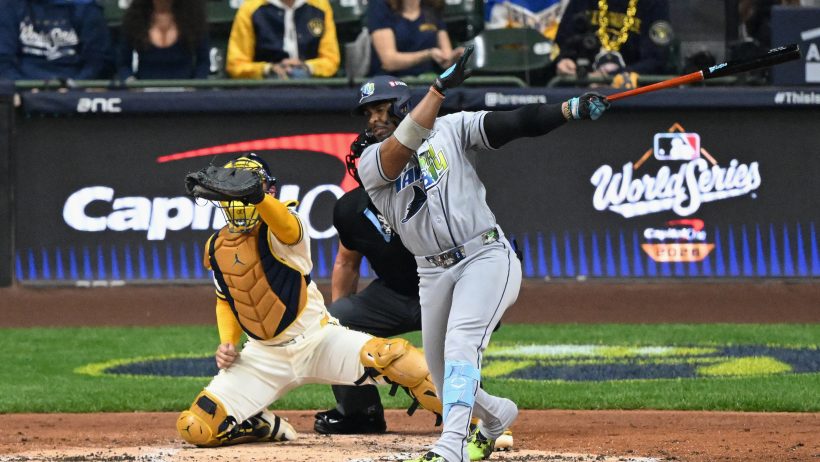 Yandy Diaz playing for the Rays in the 2026 World Series.