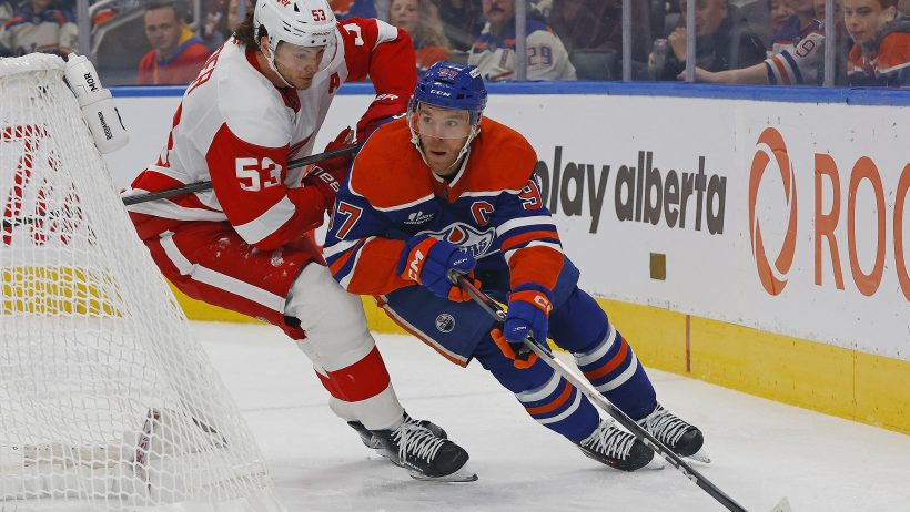 Connor McDavid around net with puck