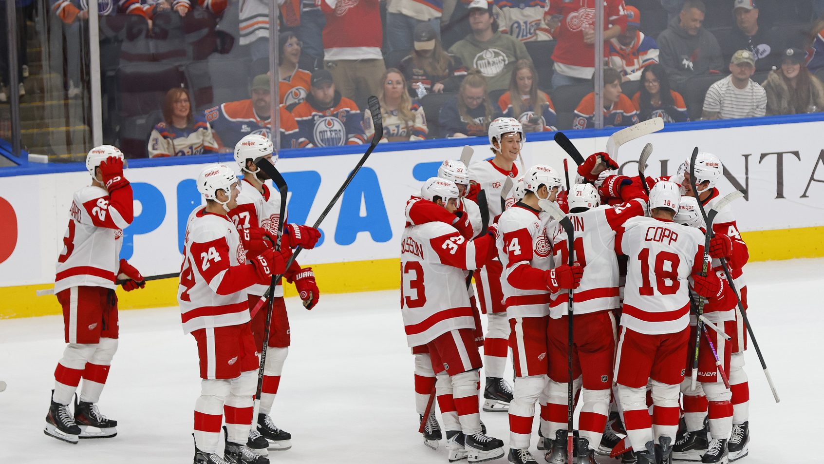 Detroit Red Wings celebrate a 4-3 shootout win.