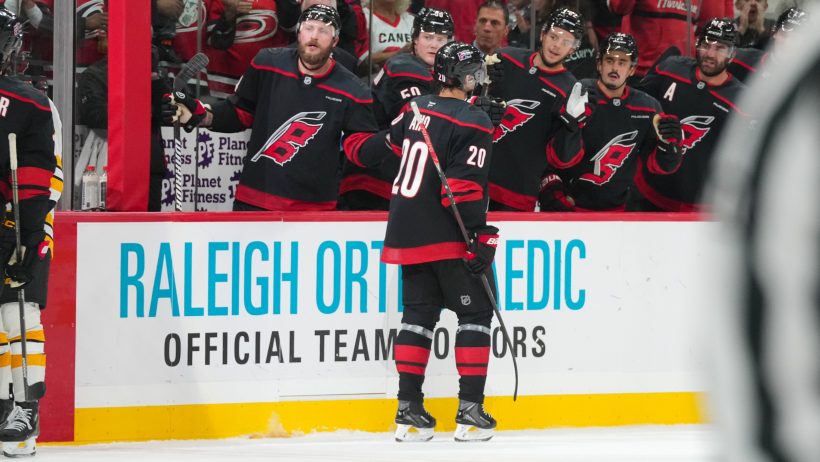 Sebastian Aho celebrates with teammates